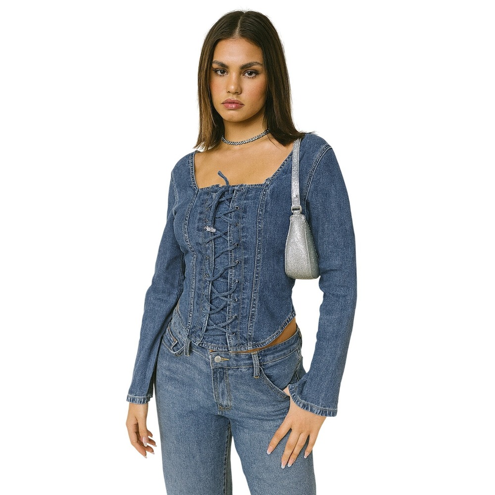 Vintage 90s At Last Jeanswear Womens L‎ Denim Lace Up Front L/S Top Round Hem